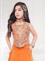 Orange silk printed lehenga choli for wedding