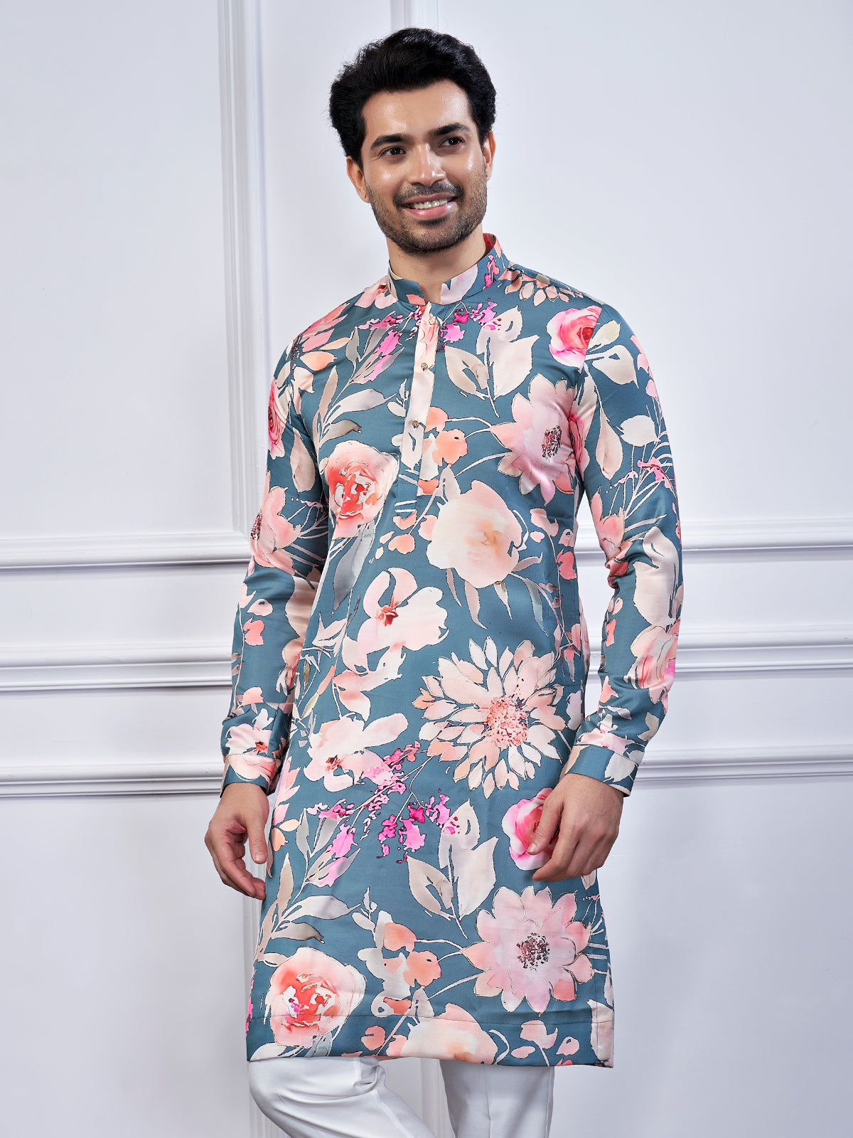 Pastel grey cotton printed kurta suit for festive