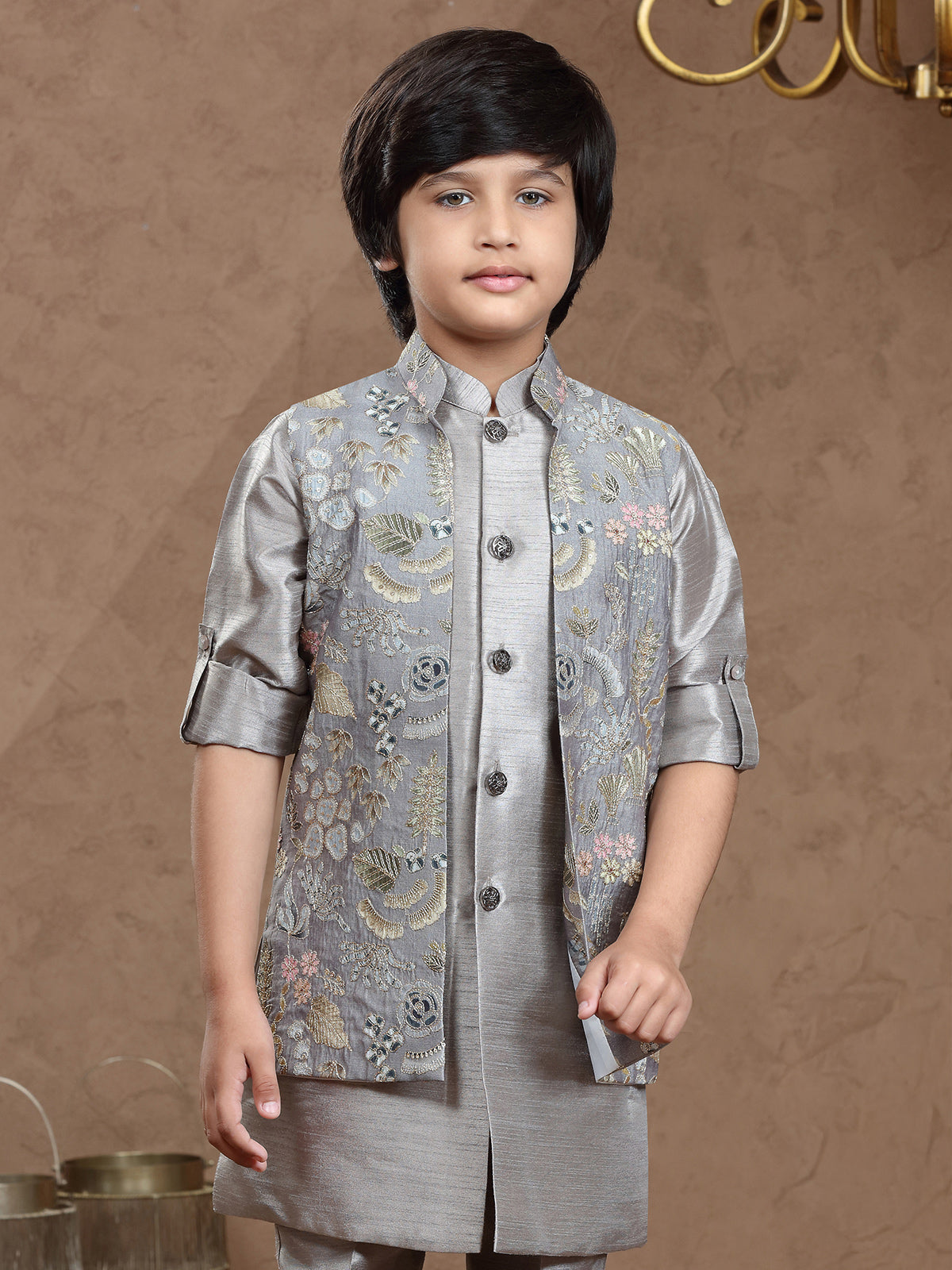 Pastel grey silk jacket style waistcoat set with resham work