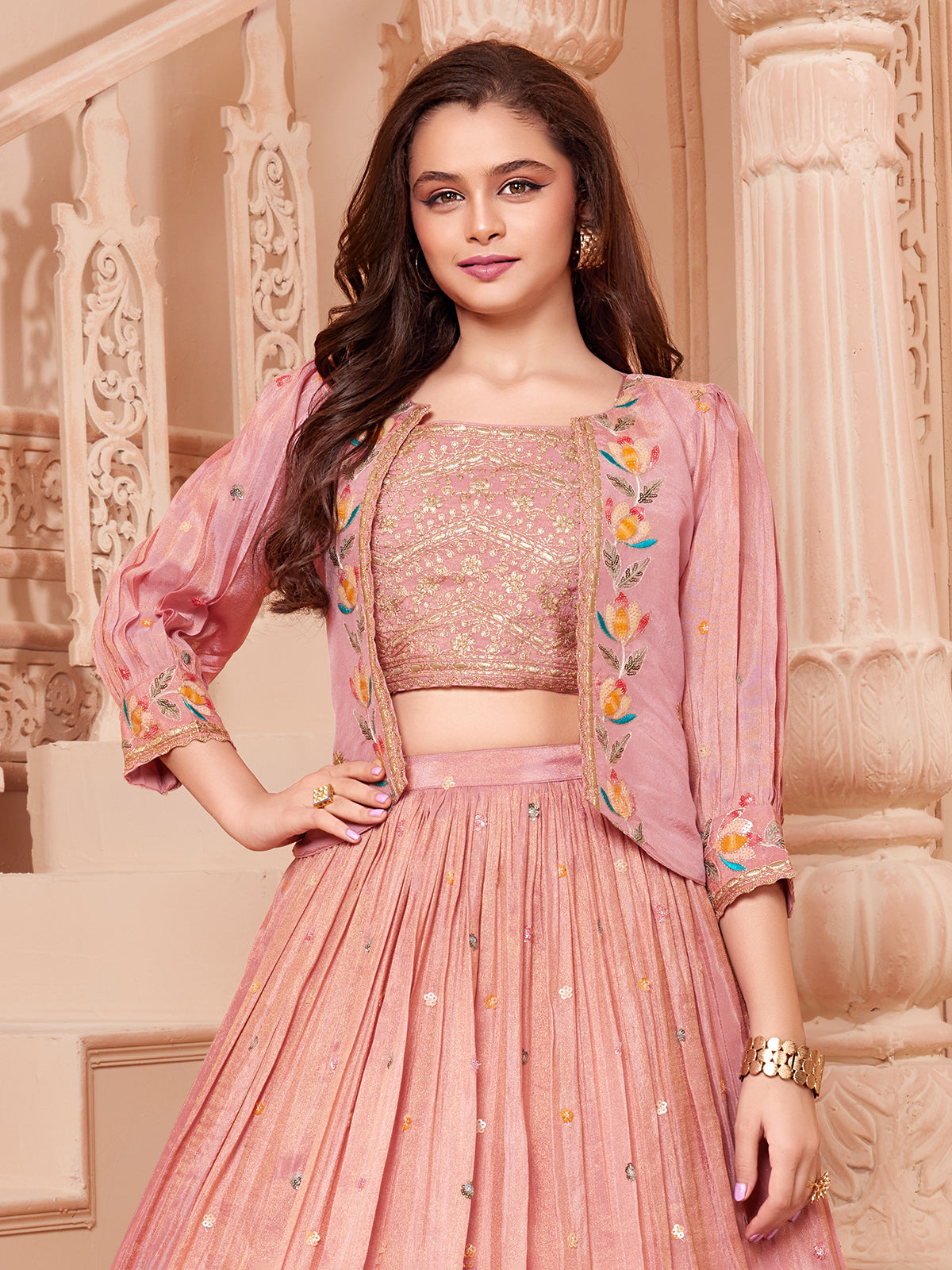 Pastel pink silk jacket style lehenga choli