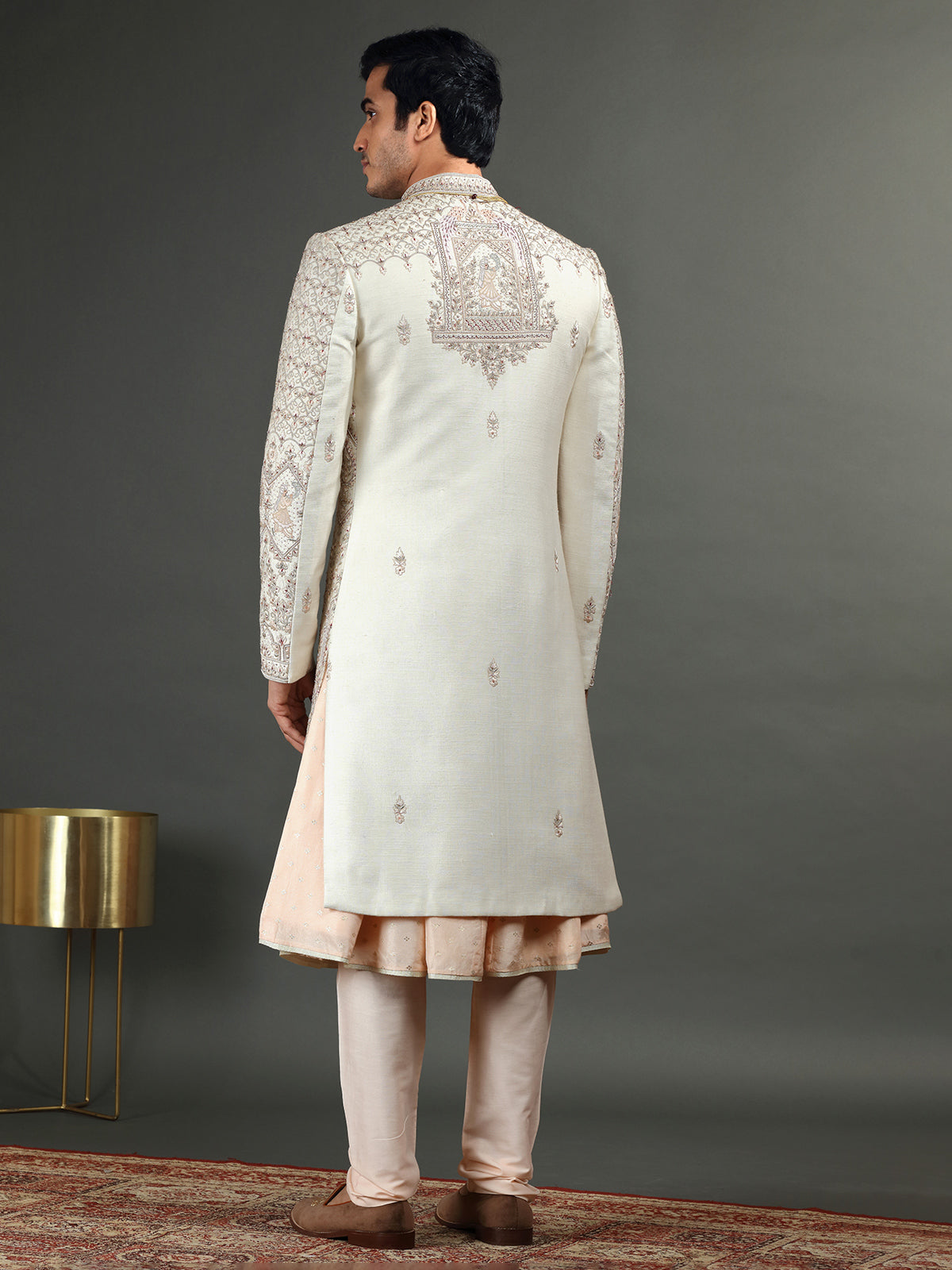 Peach and cream raw silk sherwani