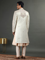 Peach and cream raw silk sherwani