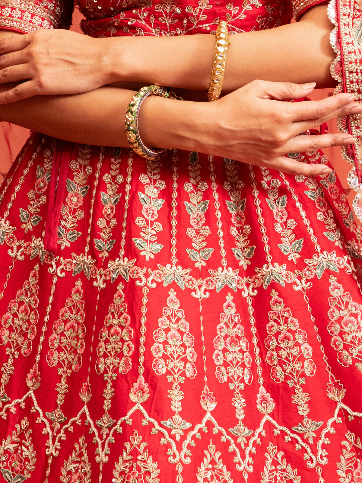 Peach bridal lehenga choli with elbow sleeves