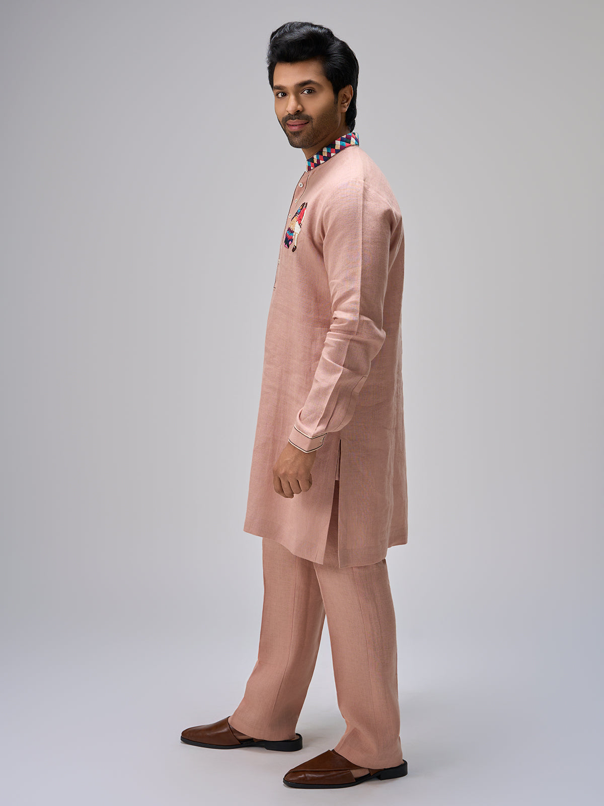 Peach embroidered scene kurta pajama men