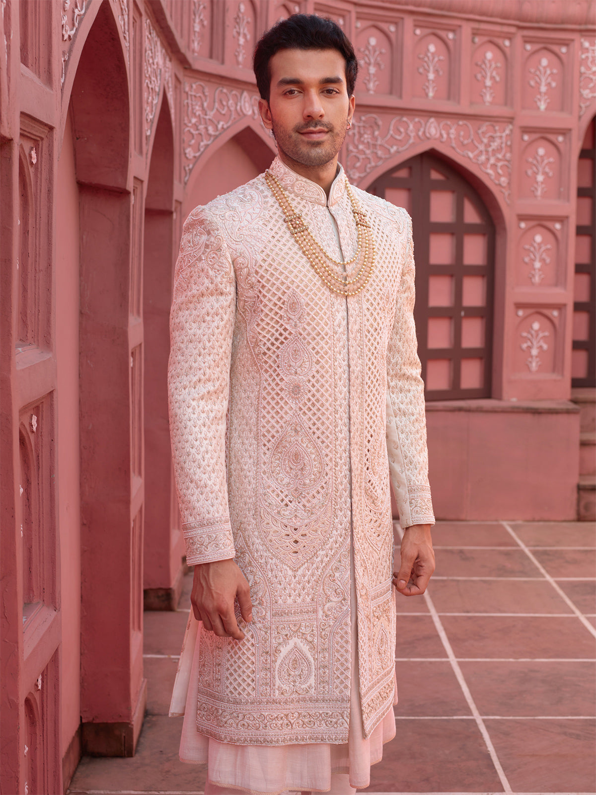 Peach embroidery sherwani in silk