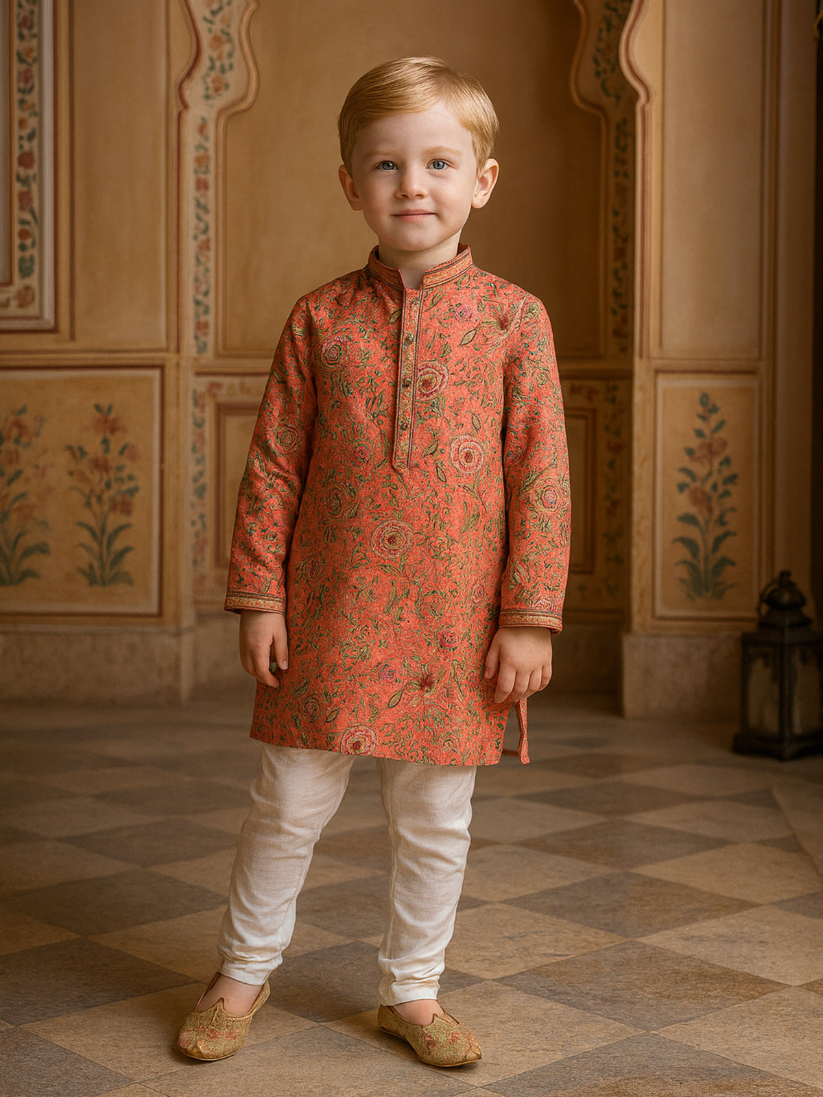 Peach printed cotton silk kurta suit for boys festive wear