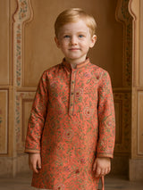 Peach printed cotton silk kurta suit for boys festive wear