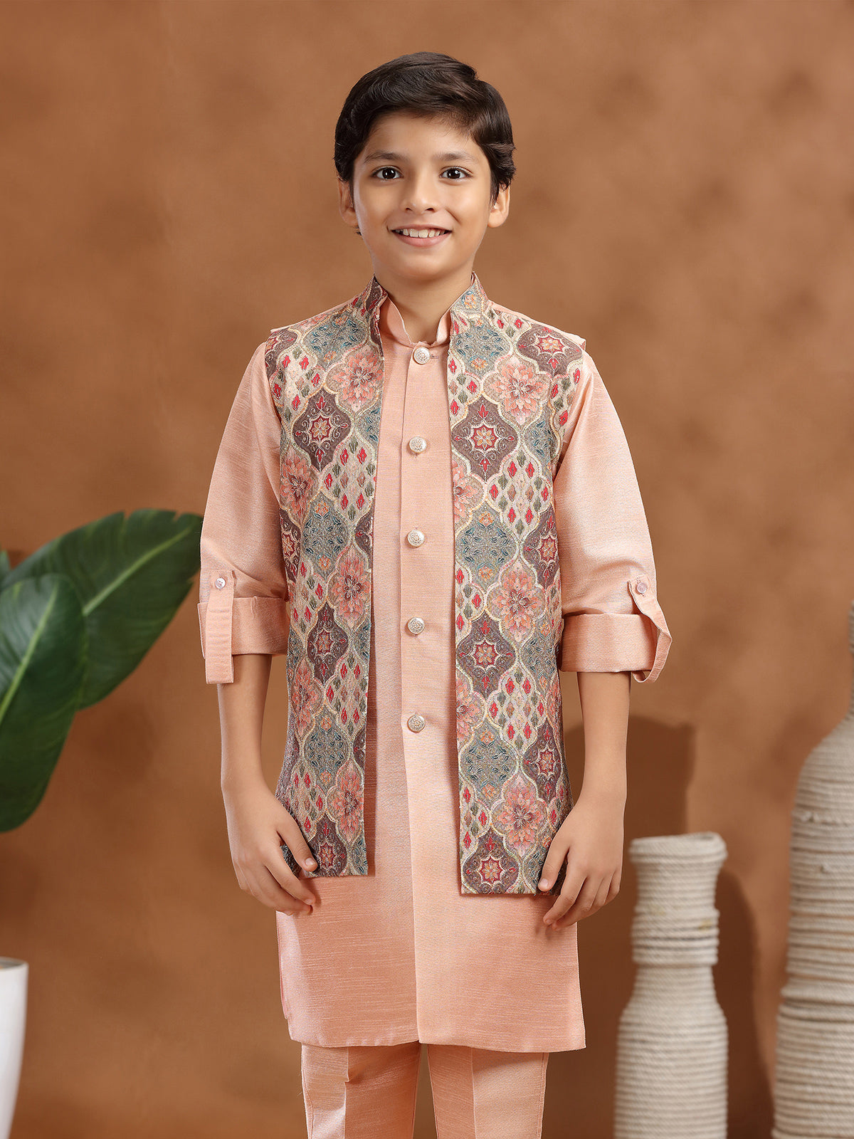 Peach raw silk resham printed waistcoat set