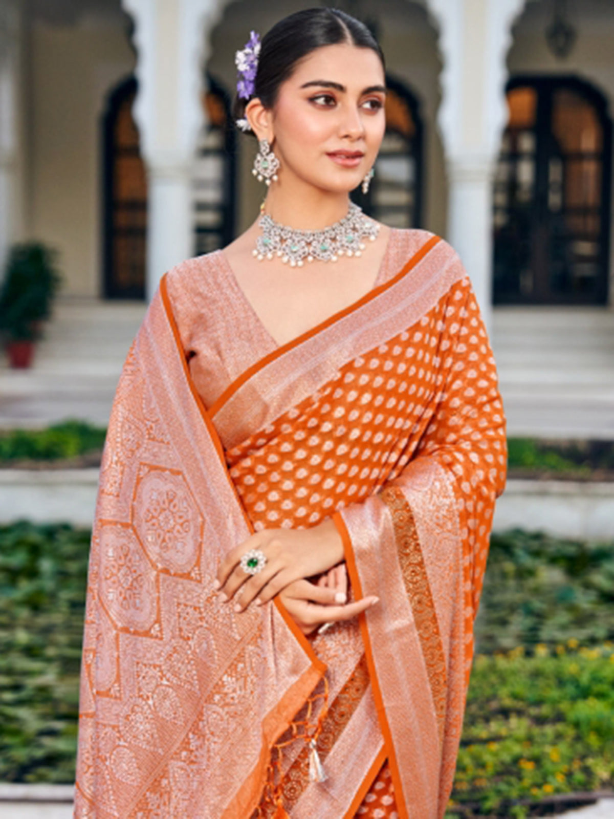Peach saree with zari in soft georgette