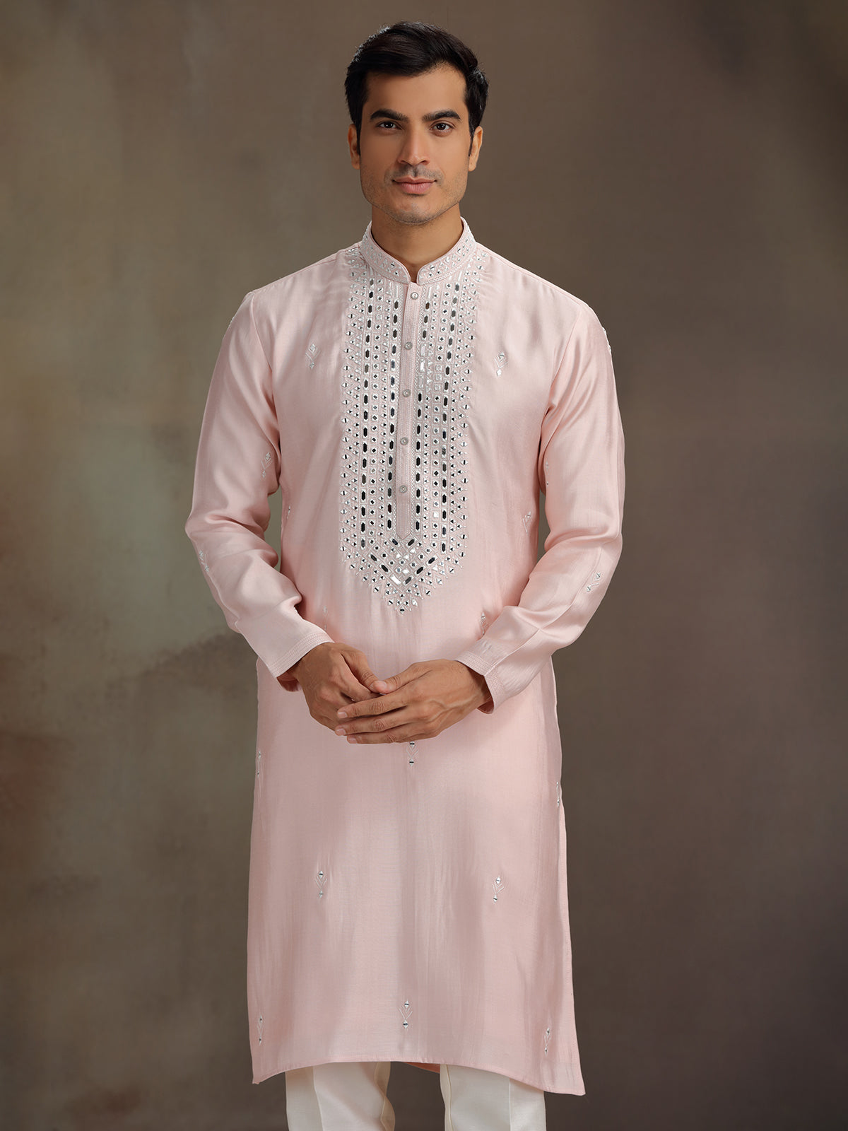 Peach silk aabla work kurta suit for men
