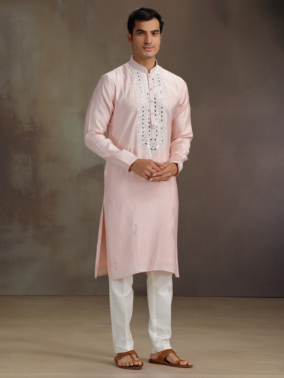 Peach silk aabla work kurta suit for men