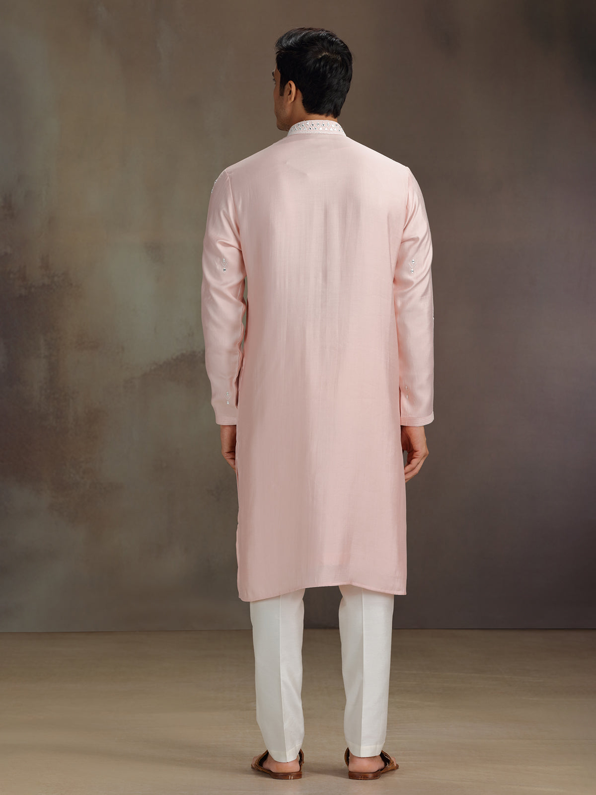 Peach silk aabla work kurta suit for men