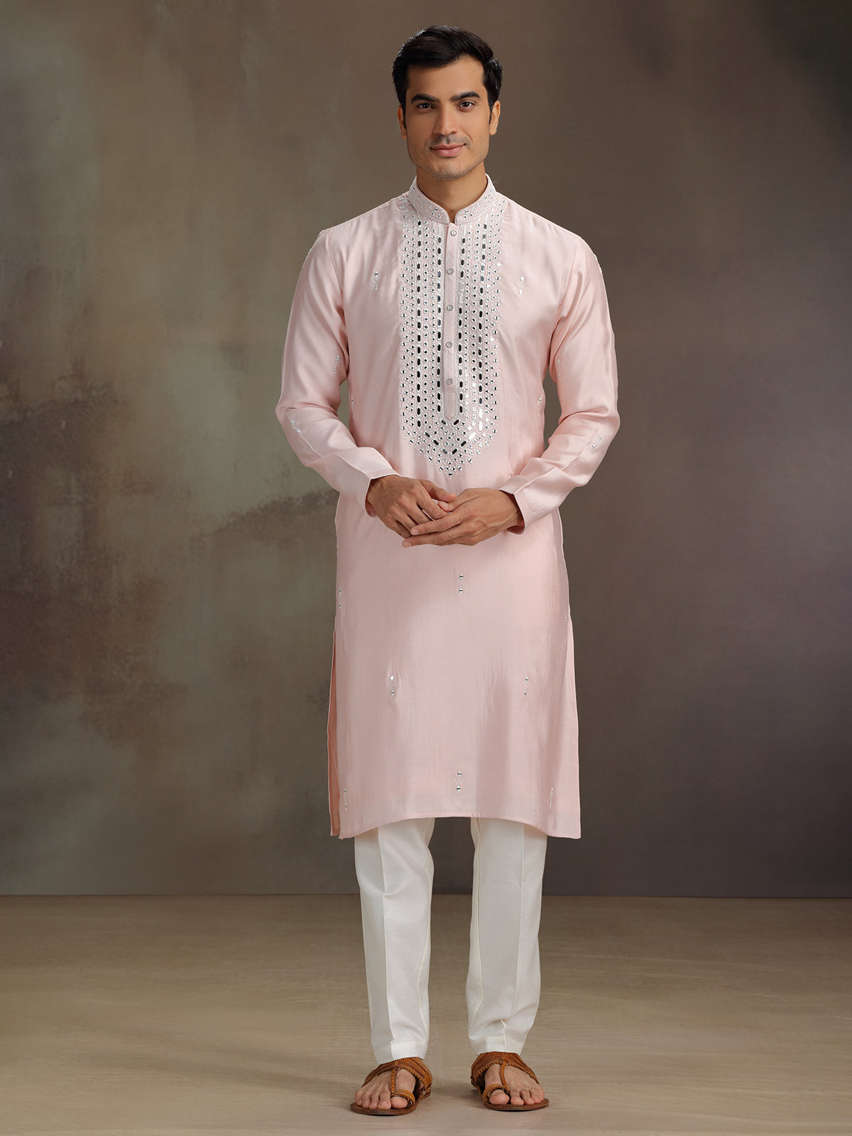 Peach silk aabla work kurta suit for men