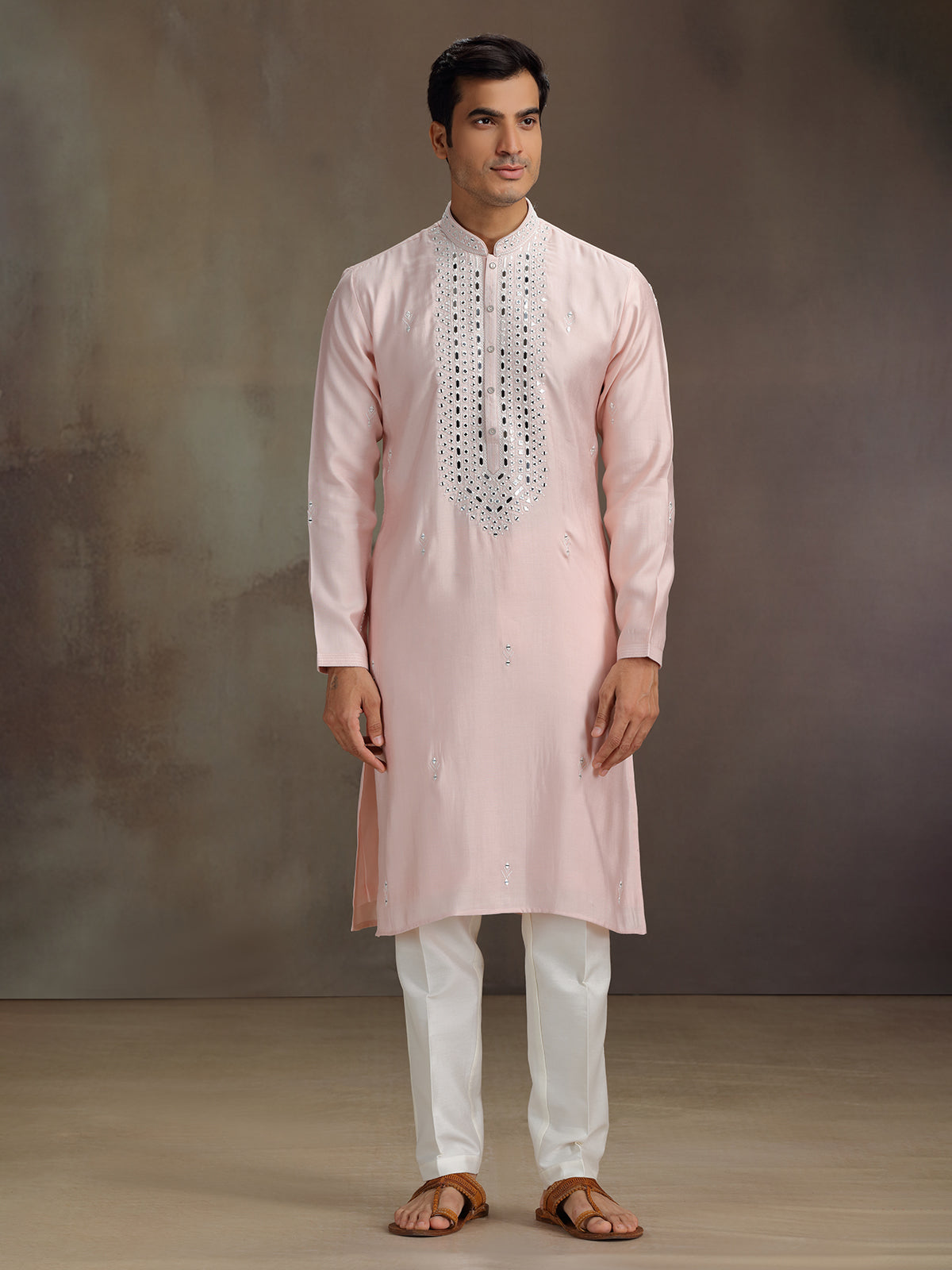 Peach silk aabla work kurta suit for men