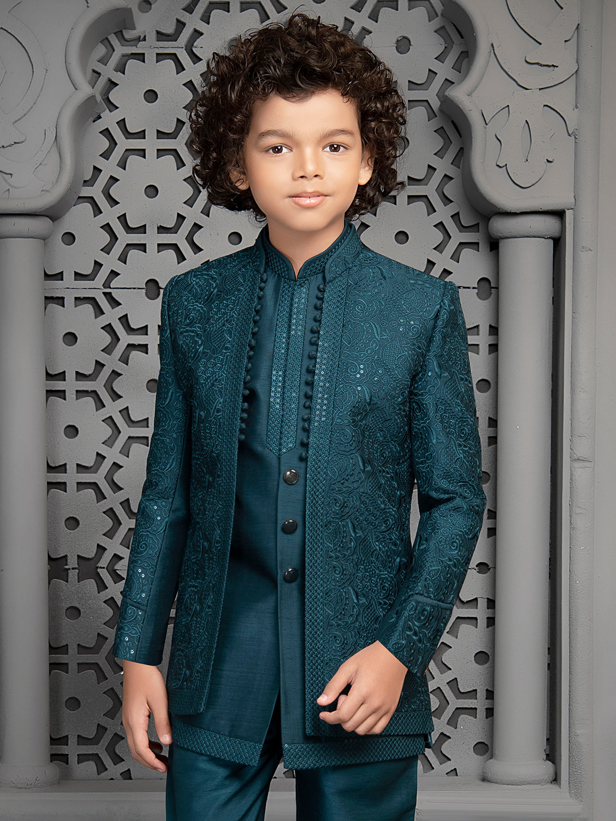Peacock blue royal raw silk indo western for boys