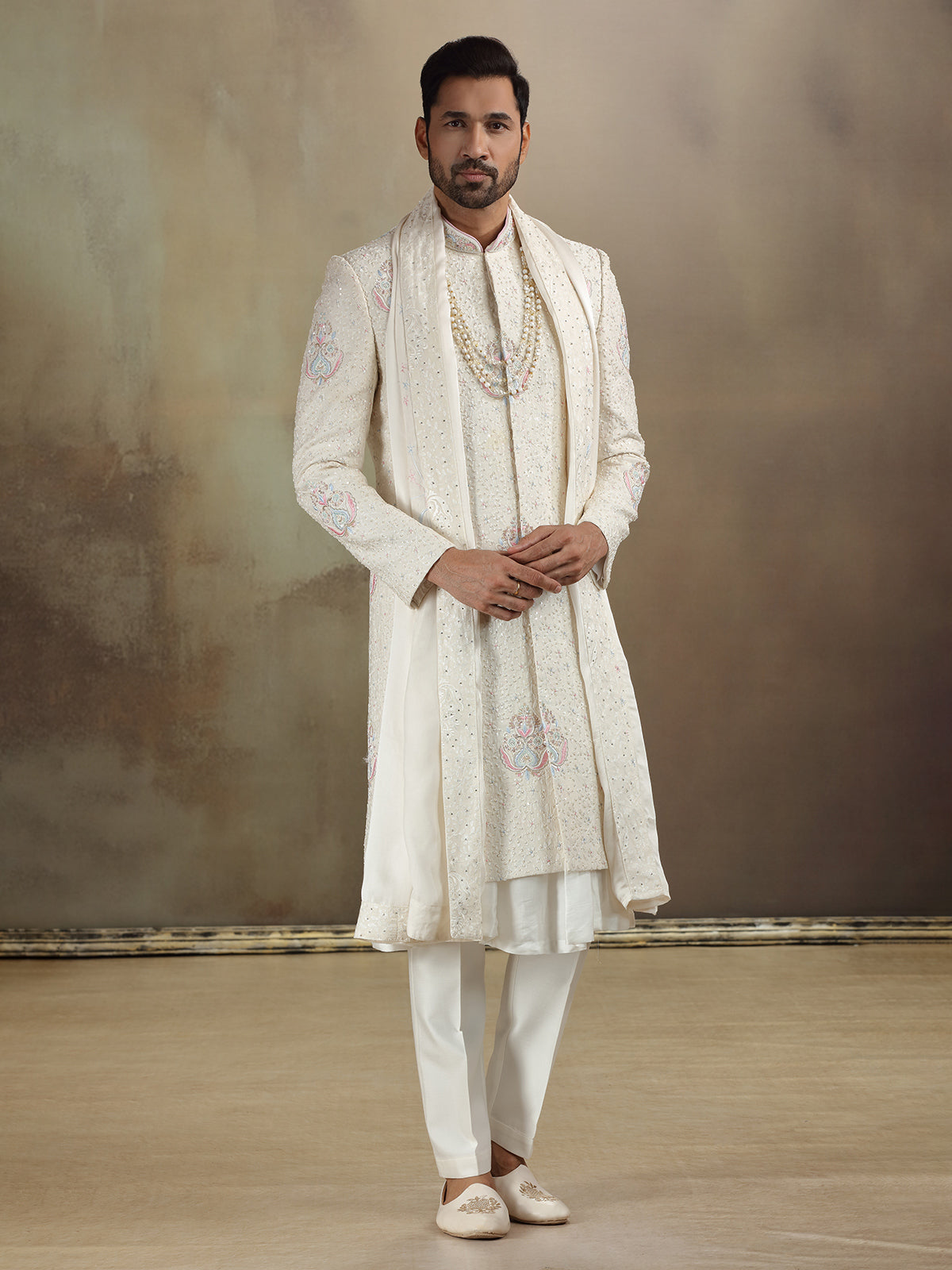 Peshwai style cream banarasi silk sherwani with dupatta