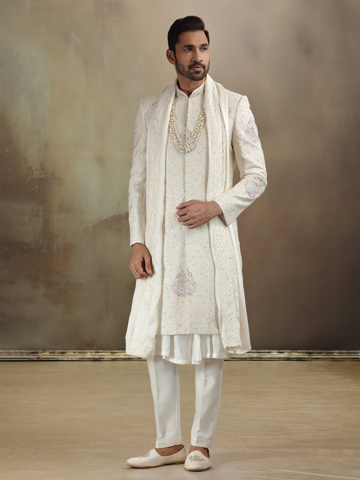 Peshwai style cream banarasi silk sherwani with dupatta