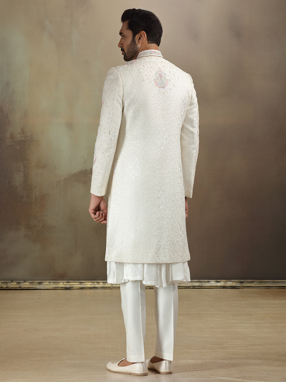Peshwai style cream banarasi silk sherwani with dupatta