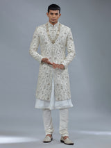 Peshwai style off white raw silk shewani for groom