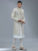 Peshwai style off white raw silk shewani for groom