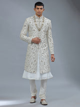 Peshwai style off white raw silk shewani for groom