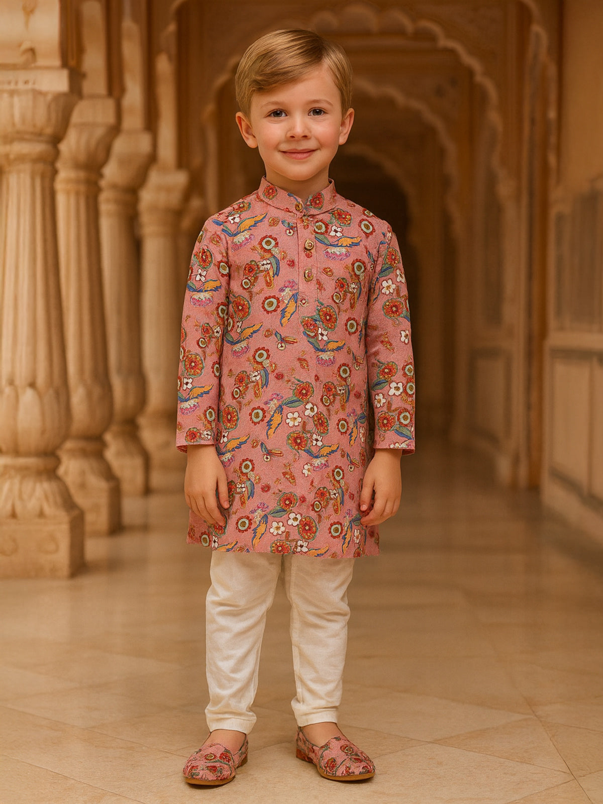 Pink chicken silk printed kurta suit for boys