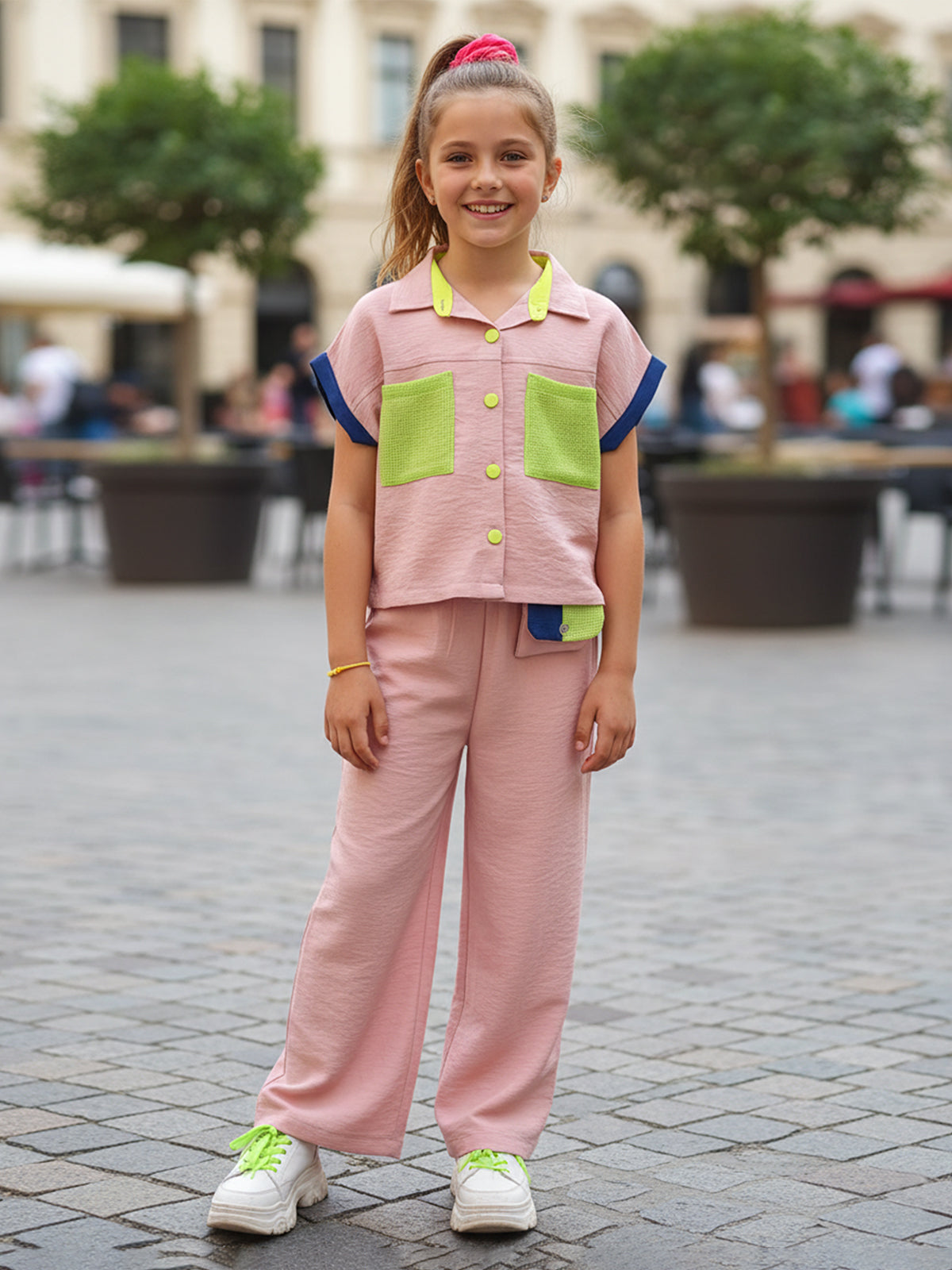Pink cotton co-ord set with pocket shirt and palazzo