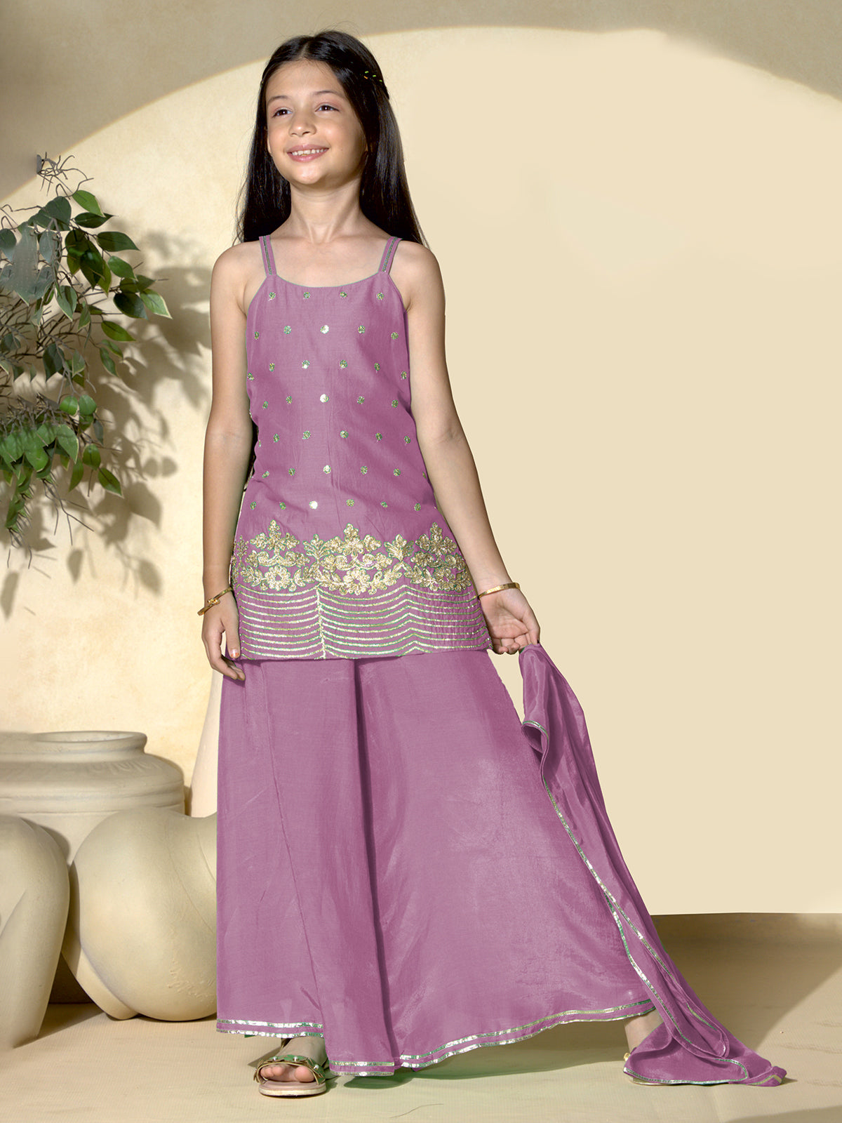 Pink cotton silk embroidered palazzo suit with dupatta