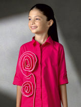 Pink cotton silk spiral applique dress