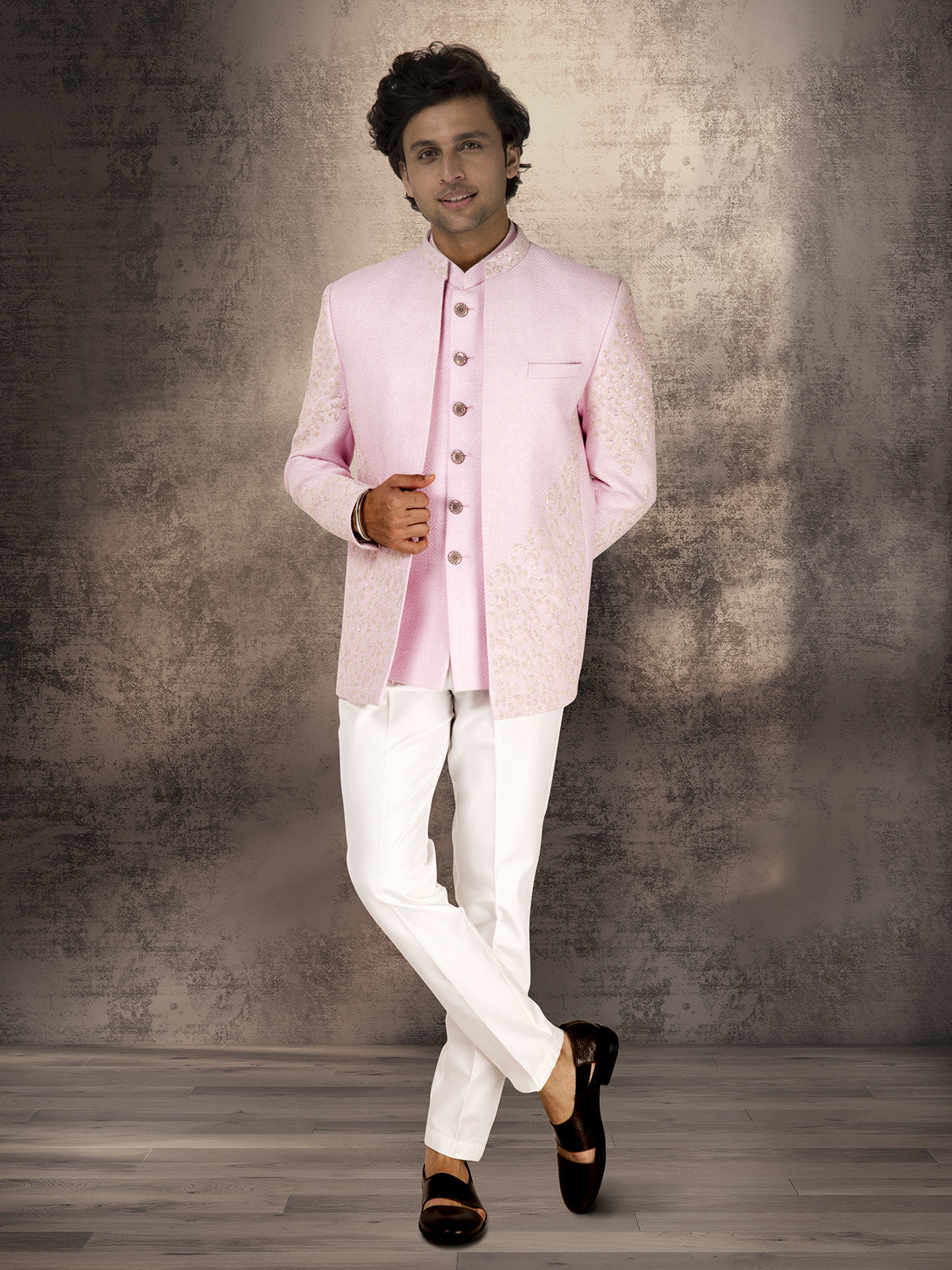 Pink embroidered pure jute jacket style jodhpuri suit