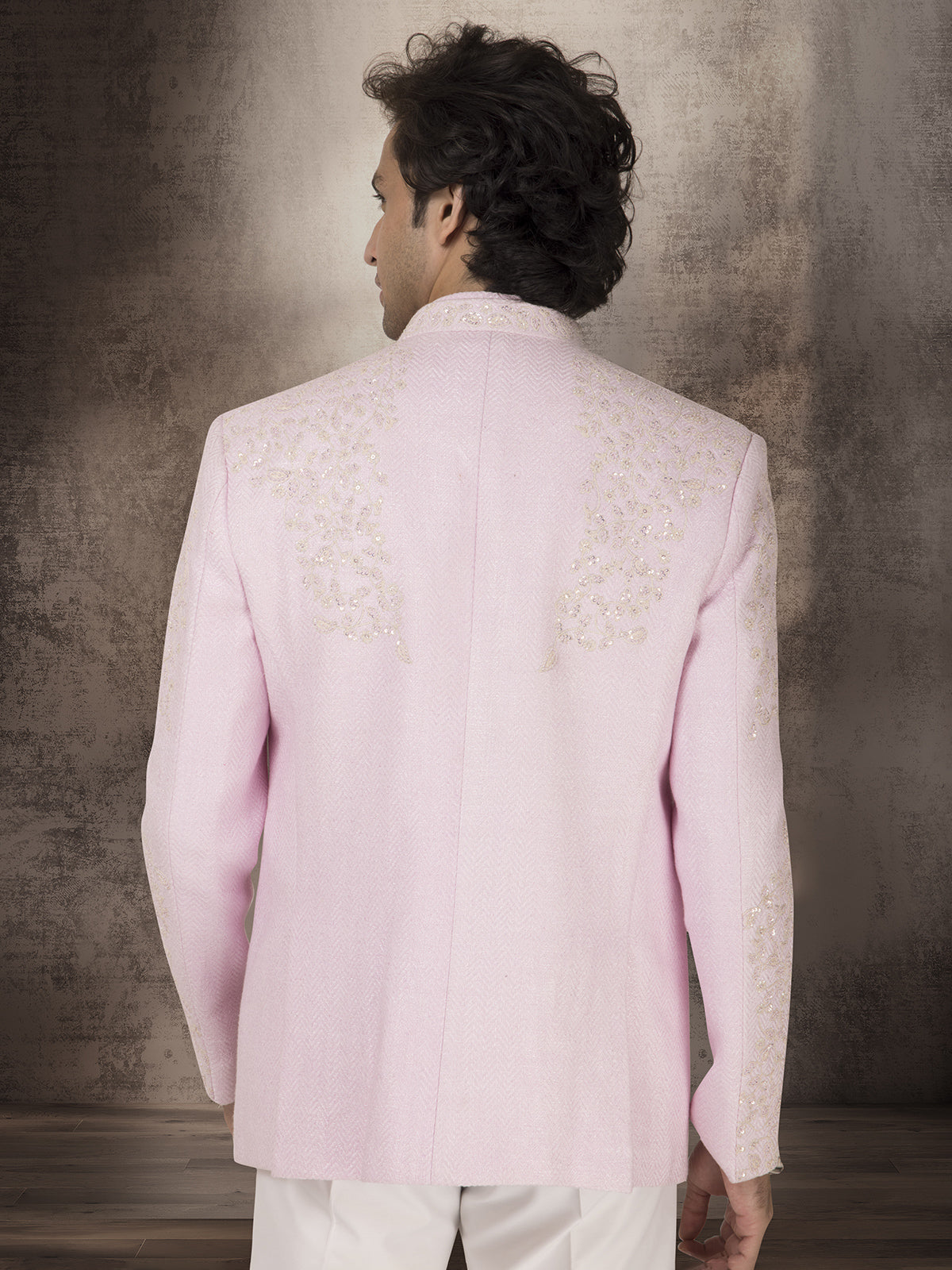 Pink embroidered pure jute jacket style jodhpuri suit