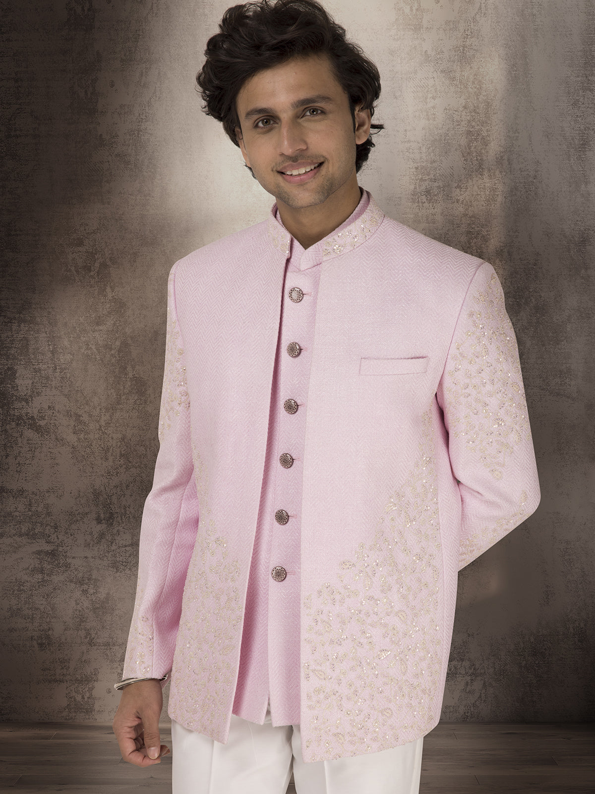 Pink embroidered pure jute jacket style jodhpuri suit