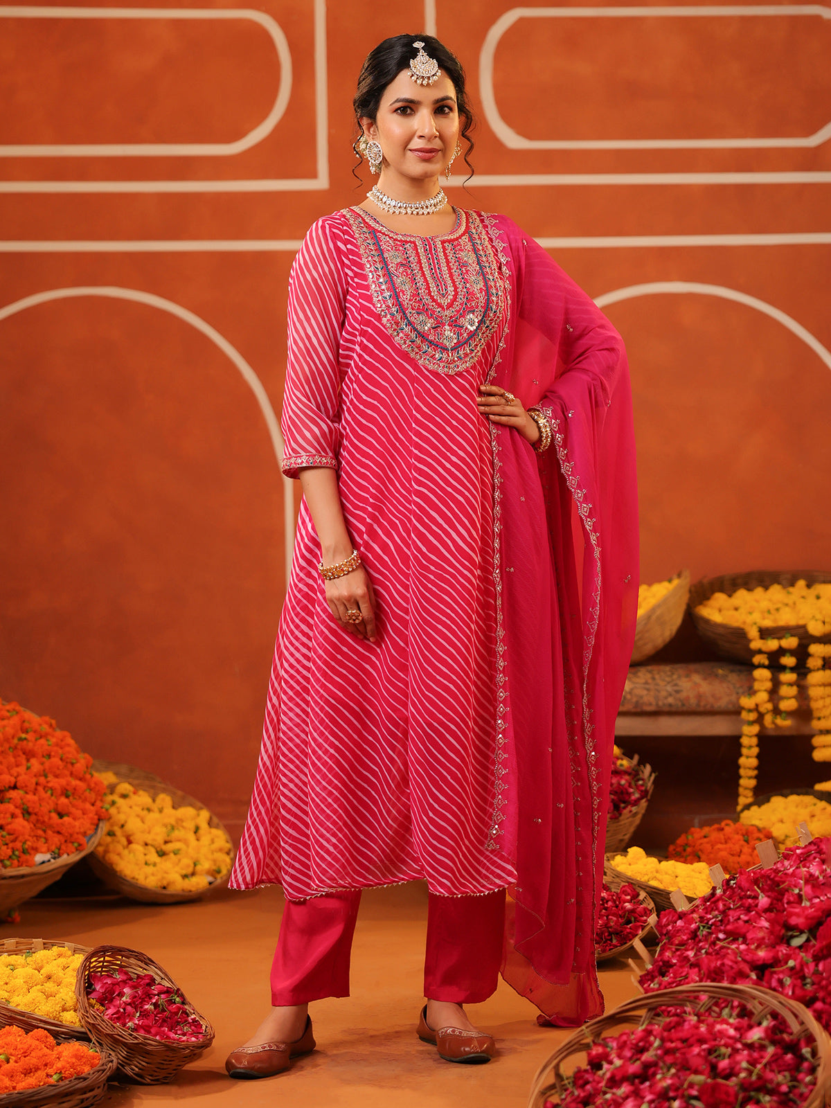 Pink georgette printed kurti set with dupatta