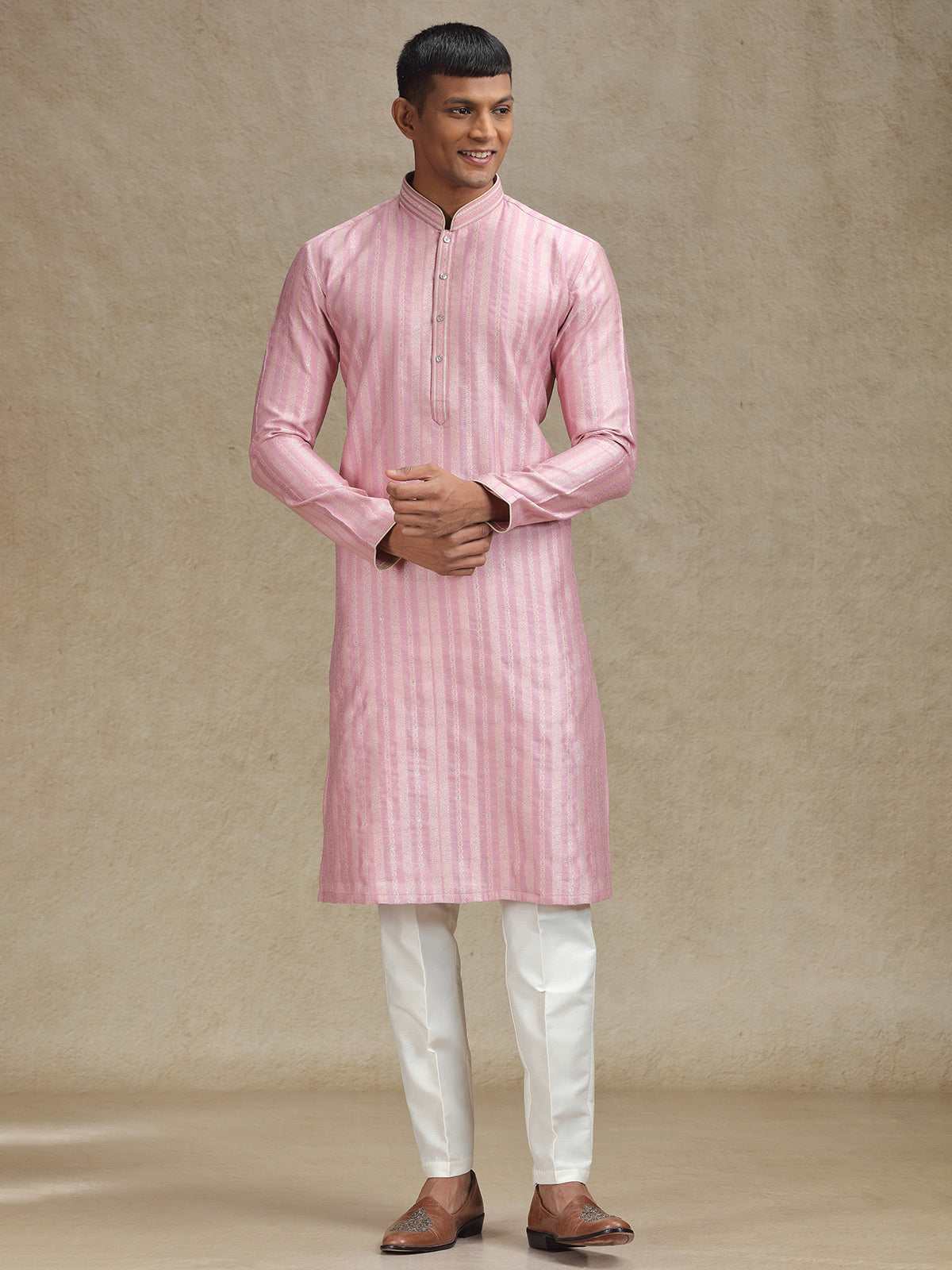 Pink kurta pajama in textured stripe pattern