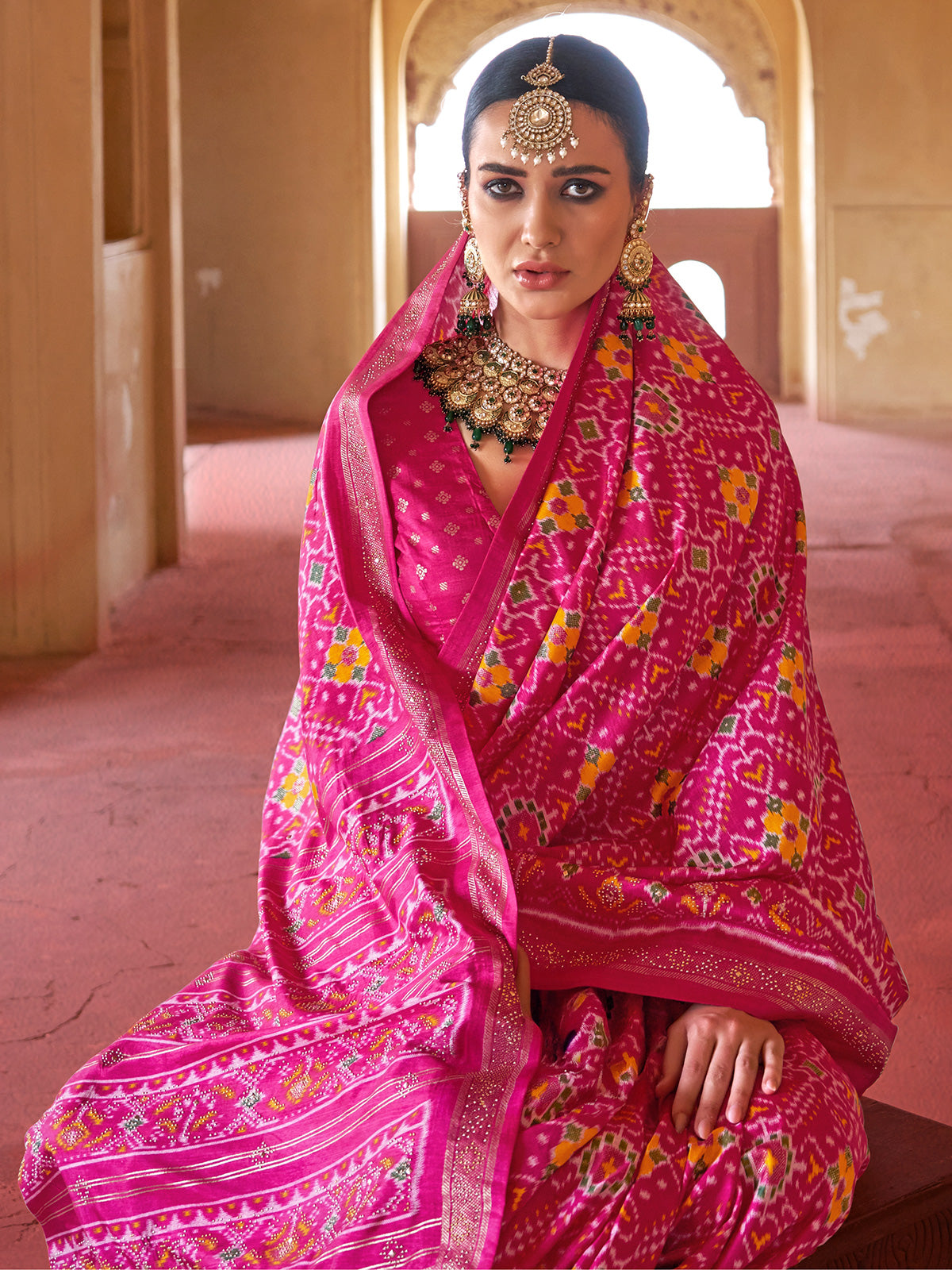 Pink patola silk printed saree for festival