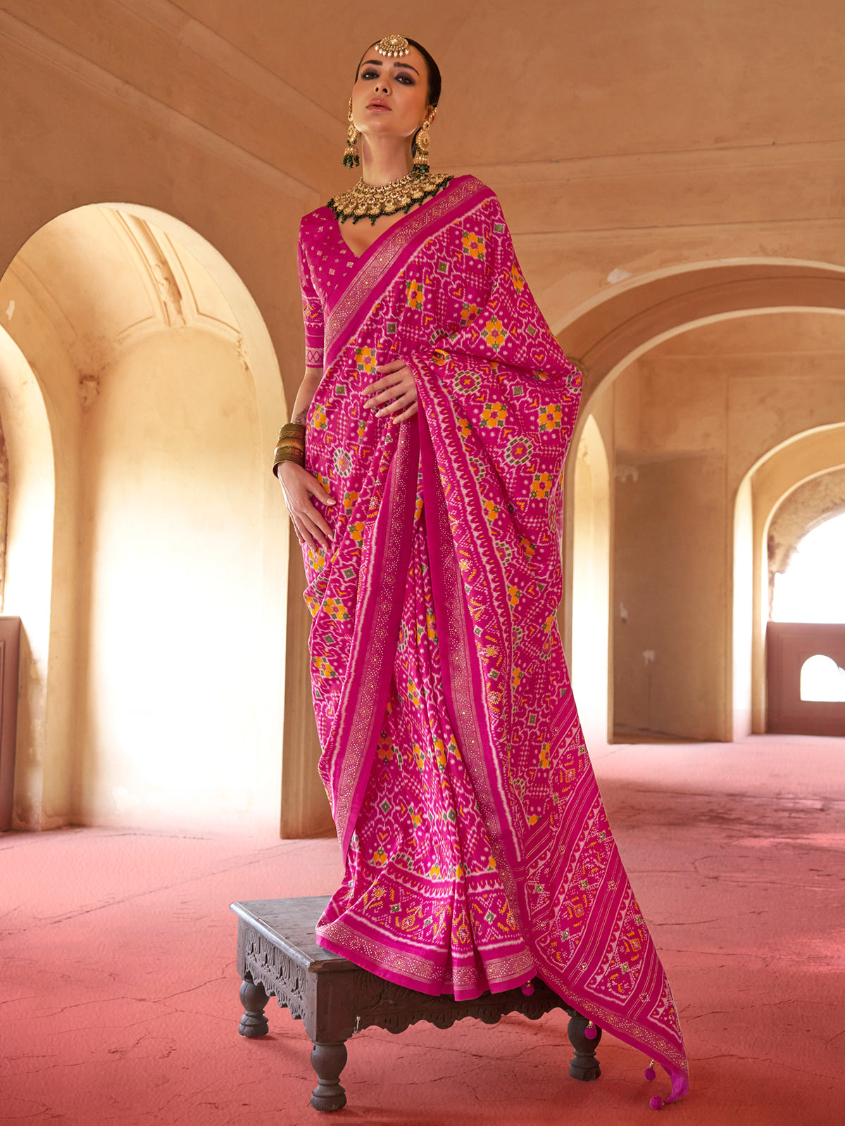 Pink patola silk printed saree for festival