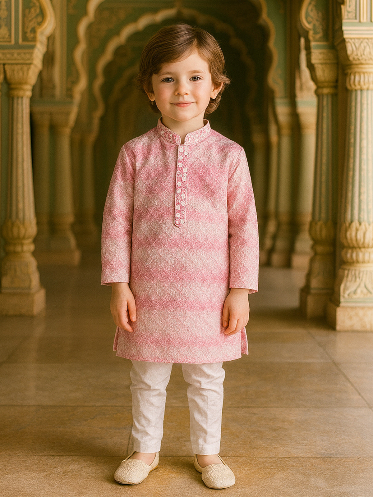 Pink printed cotton silk kurta suit for boys festive wear
