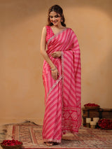 Pink printed silk saree with aabla highlights