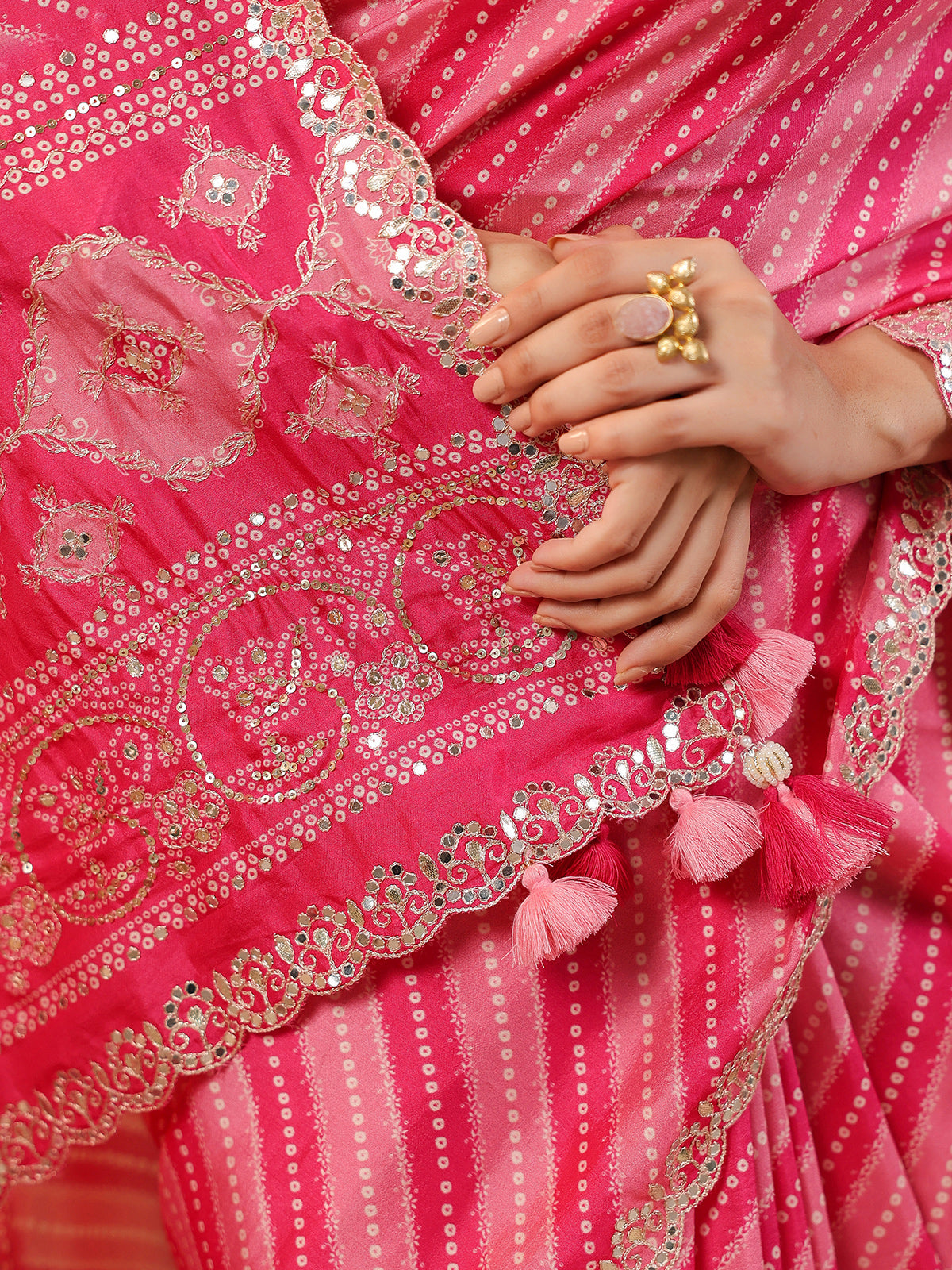 Pink printed silk saree with aabla highlights