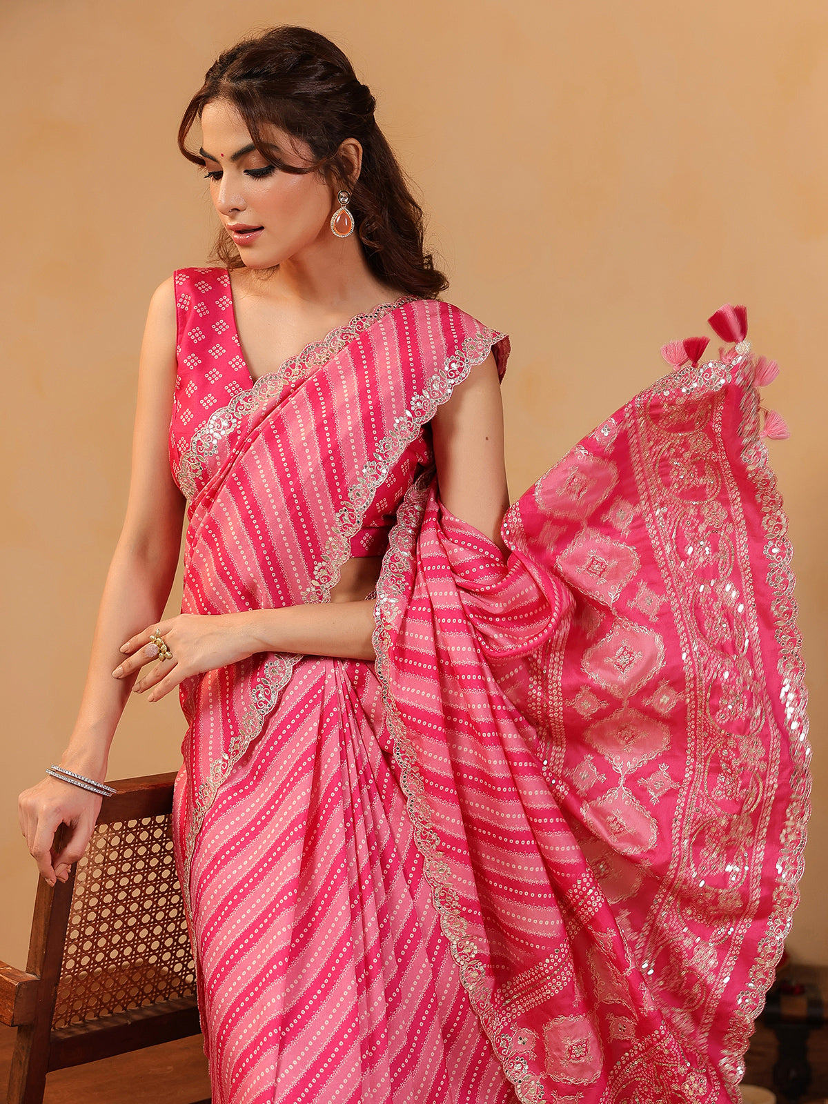 Pink printed silk saree with aabla highlights