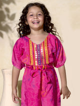 Pink silk printed jumpsuit for girls with belt