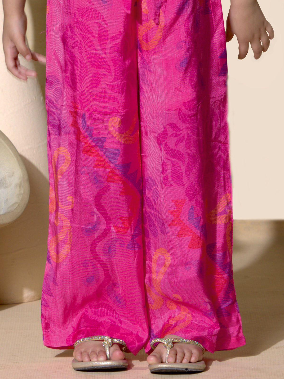 Pink silk printed jumpsuit for girls with belt