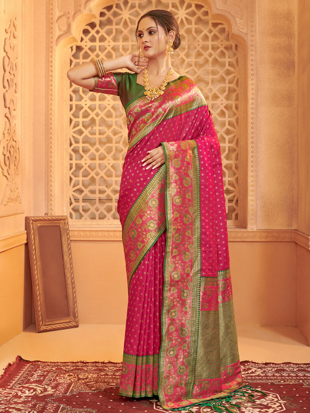 Pink silk saree for festive celebration