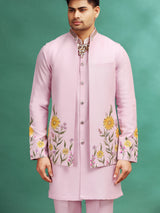 Pink silk wedding wear waistcoat set with hand print
