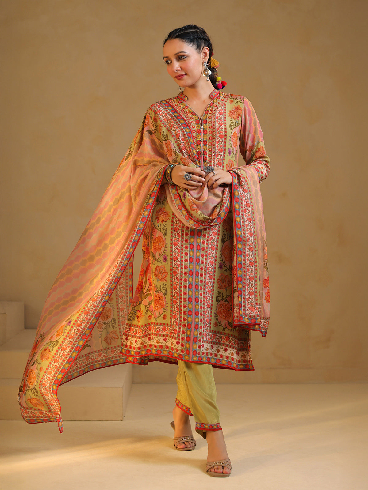Pista geen silk printed salwar suti with printed dupatta