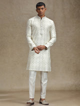 Pista green and cream kurta pajama set in zari