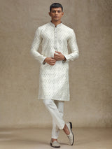 Pista green and cream kurta pajama set in zari