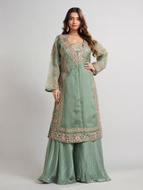 Pista green designer pakistani tissue and satin silk palazzo suit