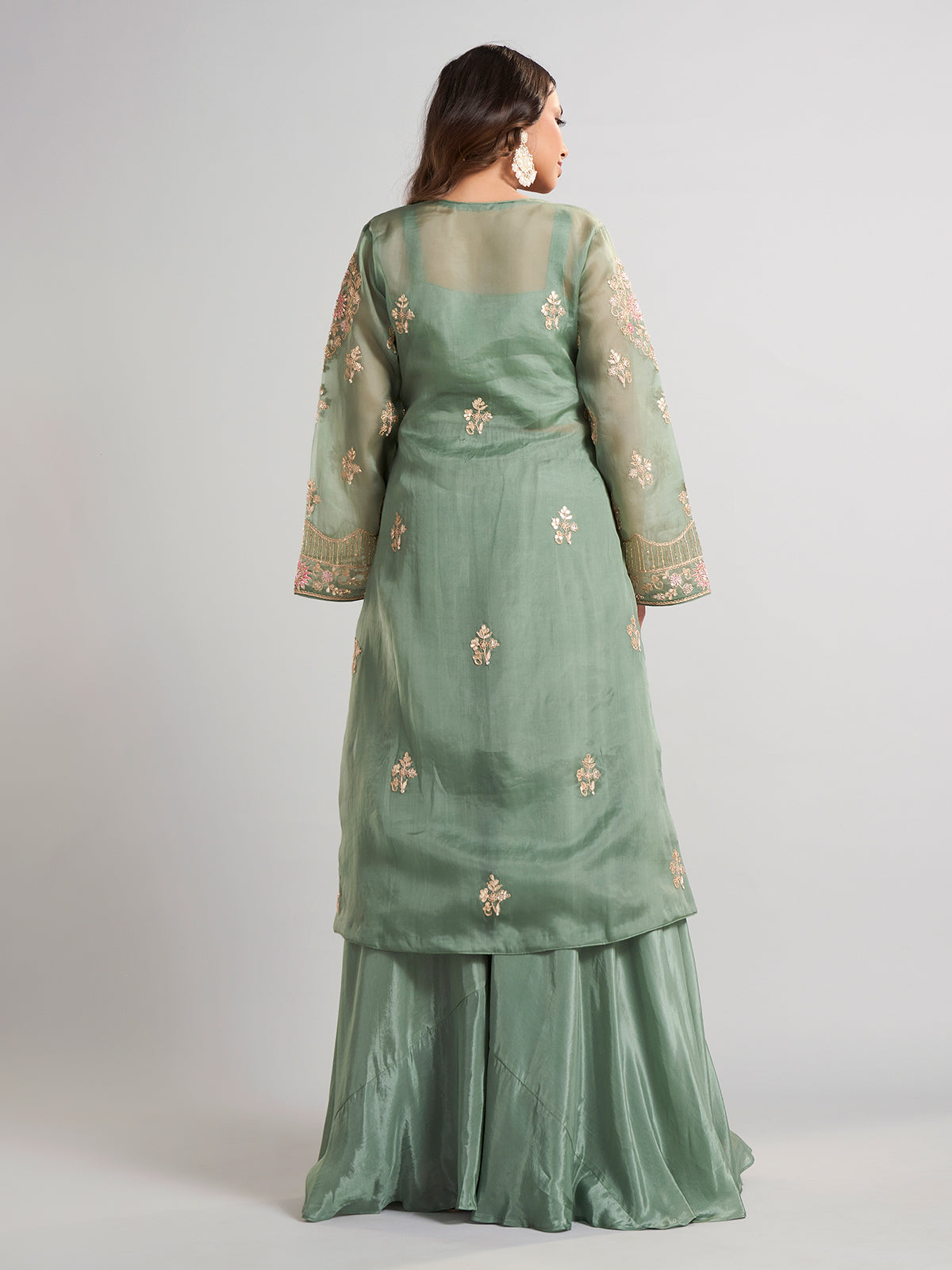 Pista green designer pakistani tissue and satin silk palazzo suit