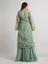Pista green designer pakistani tissue and satin silk palazzo suit